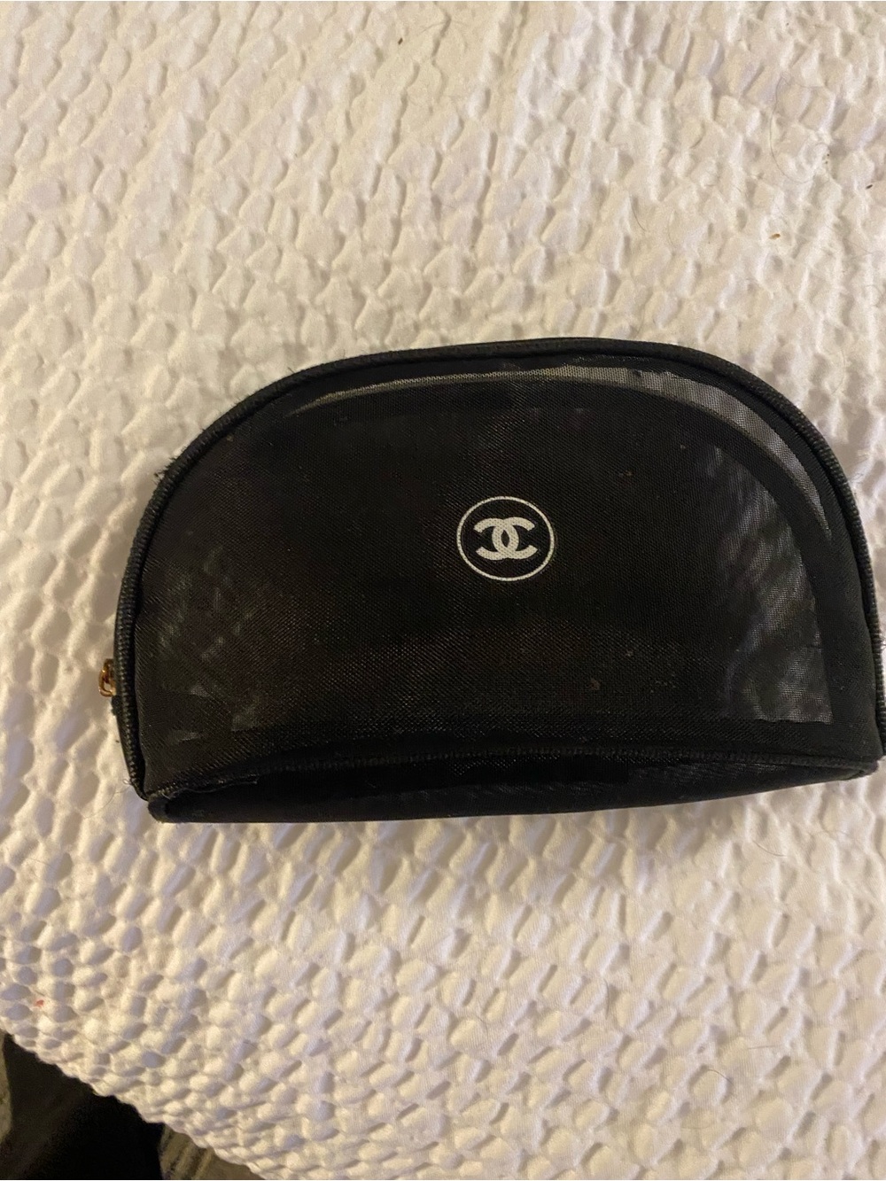CHANEL Black Mesh Zip Cosmetic Case with White CC Logo